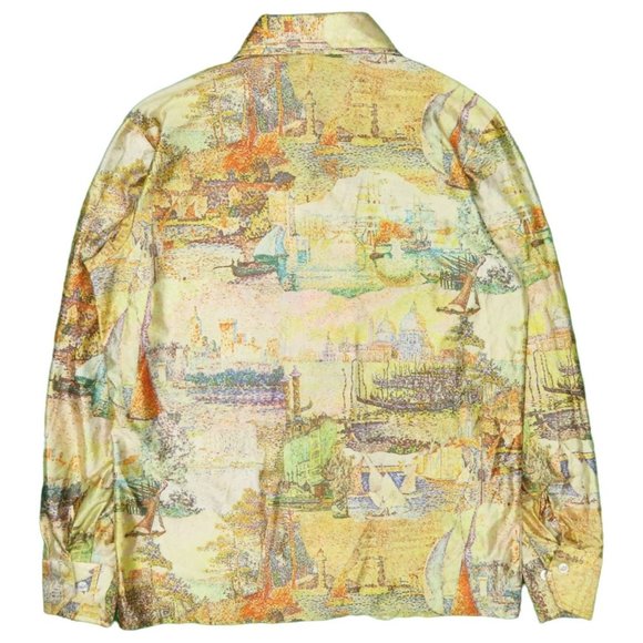 1970s Vintage "Europe Scenes" Button Up Dagger Collar Polyester Shirt Size L - Picture 2 of 4